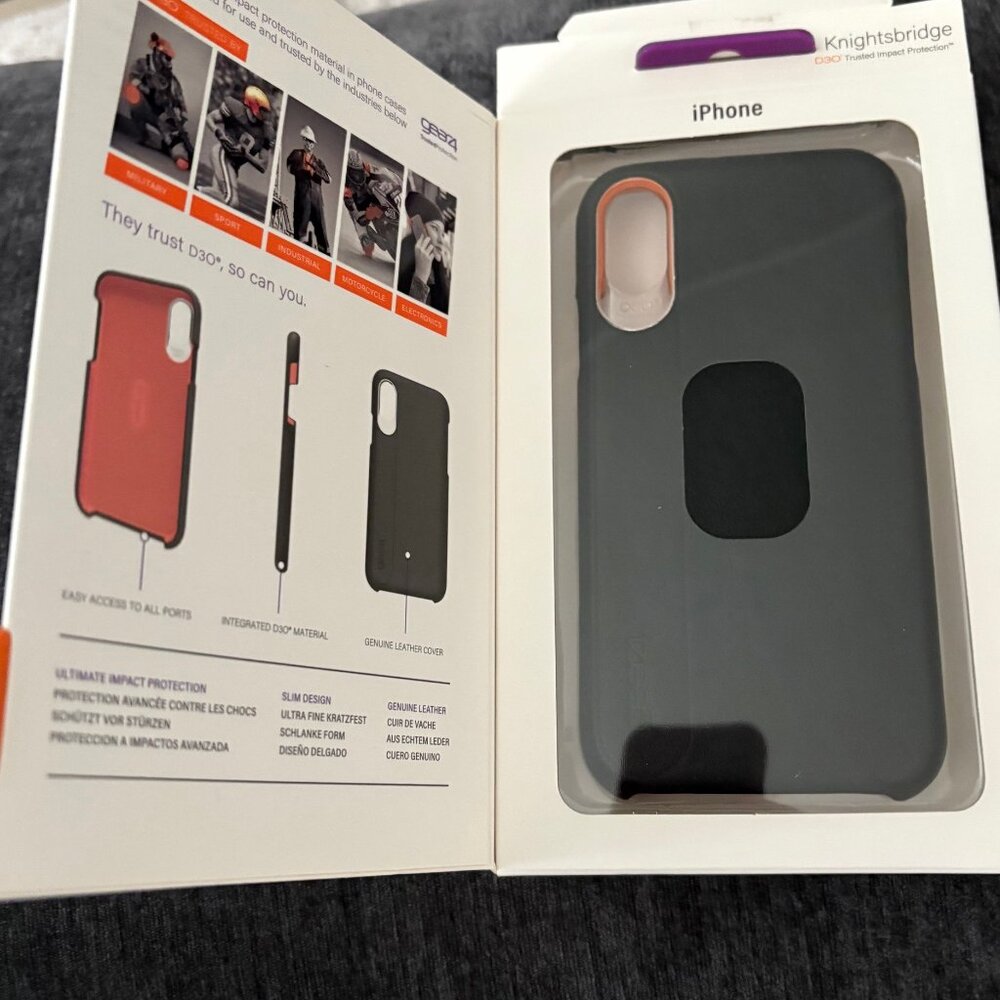 iPhone X/Xs – Gear4 D3O – Black – Leather Knightsbridge case (New) open box